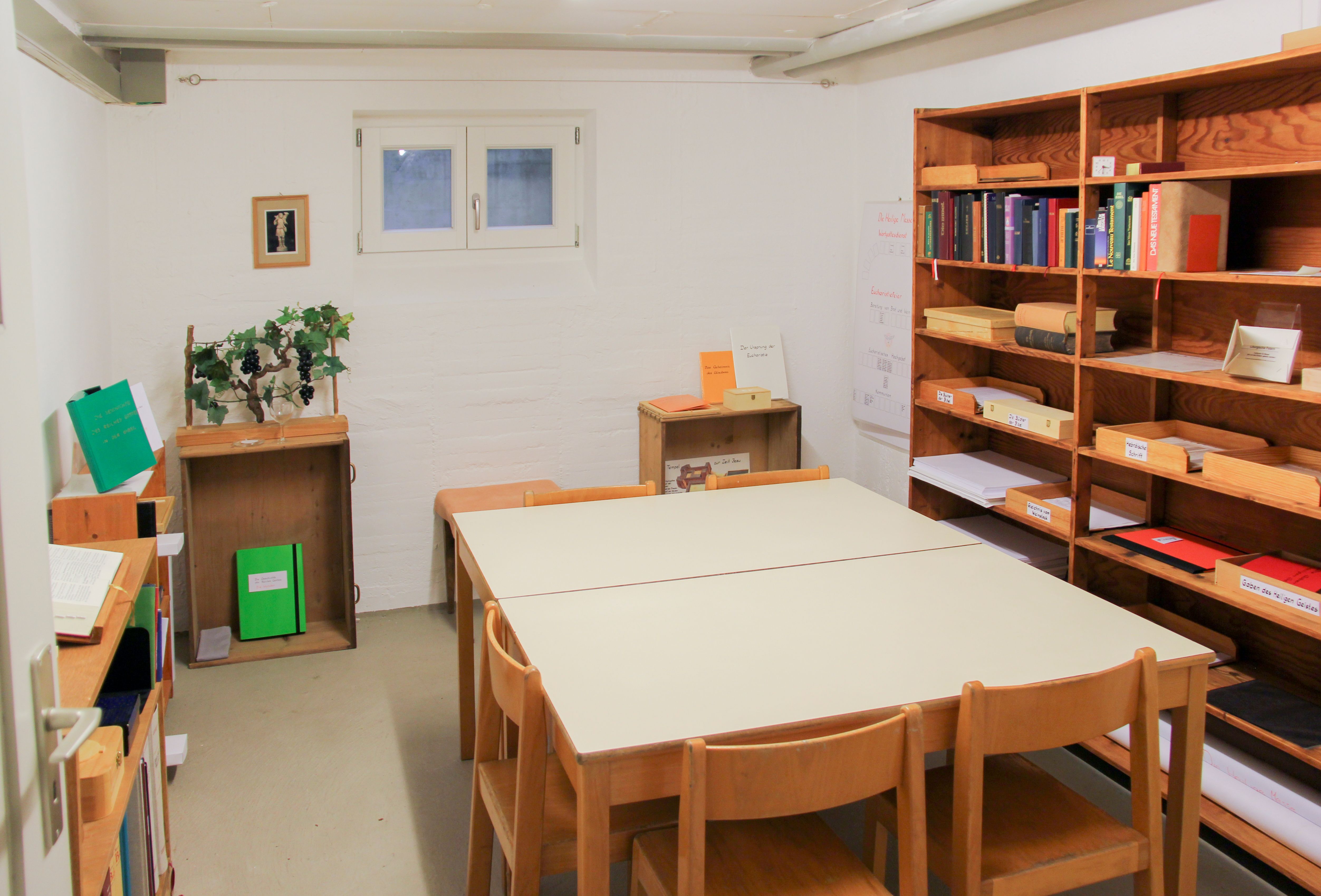 Das Atrium Stufe III ist ein Raum mit offenen Regalen für die Materialien, im Hintergrund ein Modell eines Weinstocks.
